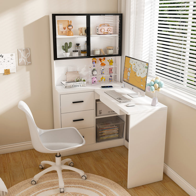 Computer Desk With Glass Cabinets & Built In Led Lights, Corner L Shaped Office Desk With Usb Charging Ports, Keyboard Tray, Ergonomic Design For Home And Corporate Workspaces White