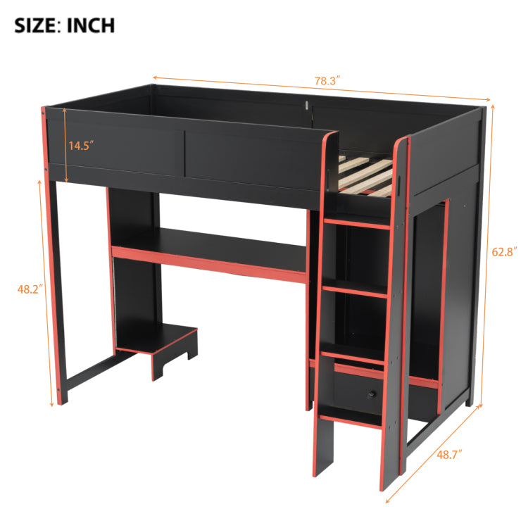 Wood Twin Size Gaming Loft Bed With Built In Desk, Wardrobe, Led And A Drawer, Black