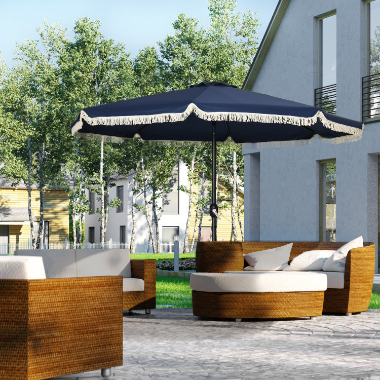 Outsunny 9Ft Patio Umbrella With Push Button Tilt And Crank, Ruffled Outdoor Market Table Umbrella With Tassles And 8 Ribs, For Garden, Deck, Pool, Dark Blue