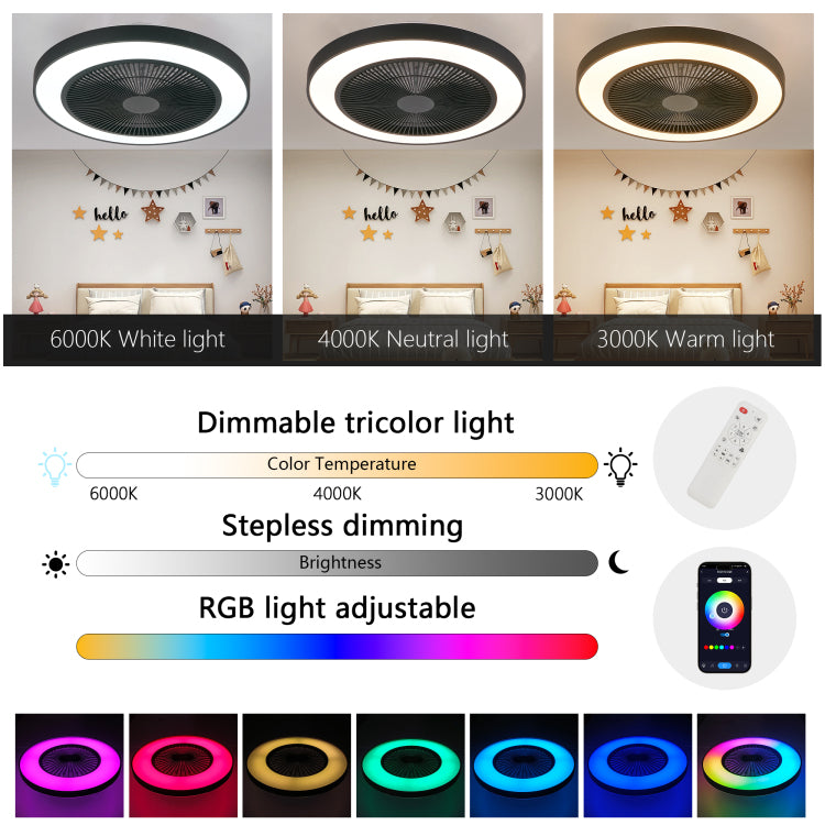 19 Inch Black Light With Led Rgb Dimmable & Color Changing, App & Remote Control, Modern Smart For Living Room, Bedroom, And Dining Room Silent 6 Speed Reversible Dc Motor