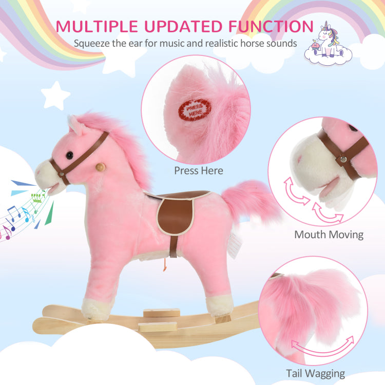Qaba Rocking Horse Plush Animal On Wooden Rockers, Baby Rocking Chair With Sounds, Moving Mouth, Wagging Tail, Pink