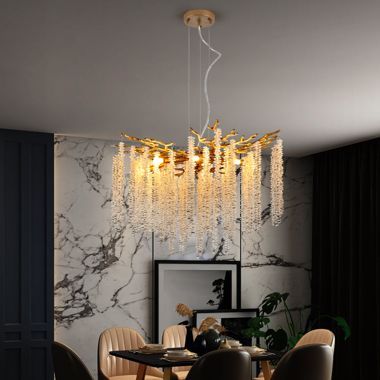 24 Inch Modern Golden Pendant Light With Cascading Crystal Strands, Ideal For Living Room, Dining Room And Foyer, High End Decorative Lighting Fixture Bulb Not Included