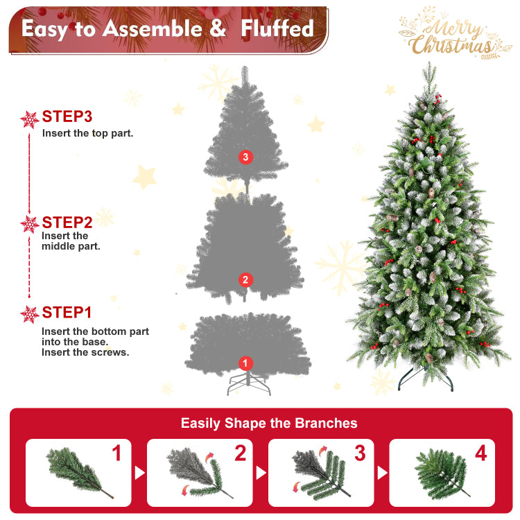 6Ft Pre Lit Artificial Christmas Tree With 380 Warm White Led Lights, 1264 Tips, Frosted Greenery With Red Berries & Natural Pinecones, Full Holiday Tree With Sturdy Metal Stand For Indoor