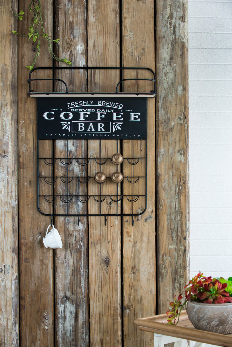 22.8X5.5X28.7" Black Floating Coffee Bar Shelf With Coffee Pod Holder, Hooks And Storage Shelf