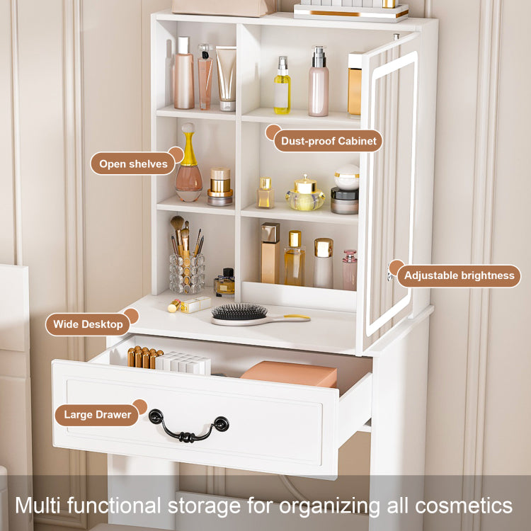 Modern Mini Dressing Table With Led Lit Mirror & Hidden Storage,Includes Padded Stool,Adjustable Brightness Vanity Desk,Multi Tier Dust Proof Shelves,White