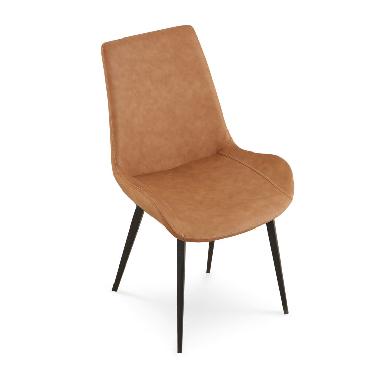 21 Inch Set Of 2 Dining Chairs, Brown Faux Leather, Angled Black Steel Legs