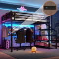 Full Loft Bed With Desk And Storage Stairs, Metal Loft Beds With Led Lights, Usb Ports, Multifunctional Iron Nets, No Spring Box Needed And Noise Free, Black