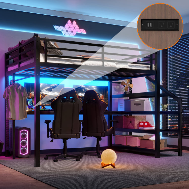 Full Loft Bed With Desk And Storage Stairs, Metal Loft Beds With Led Lights, Usb Ports, Multifunctional Iron Nets, No Spring Box Needed And Noise Free, Black