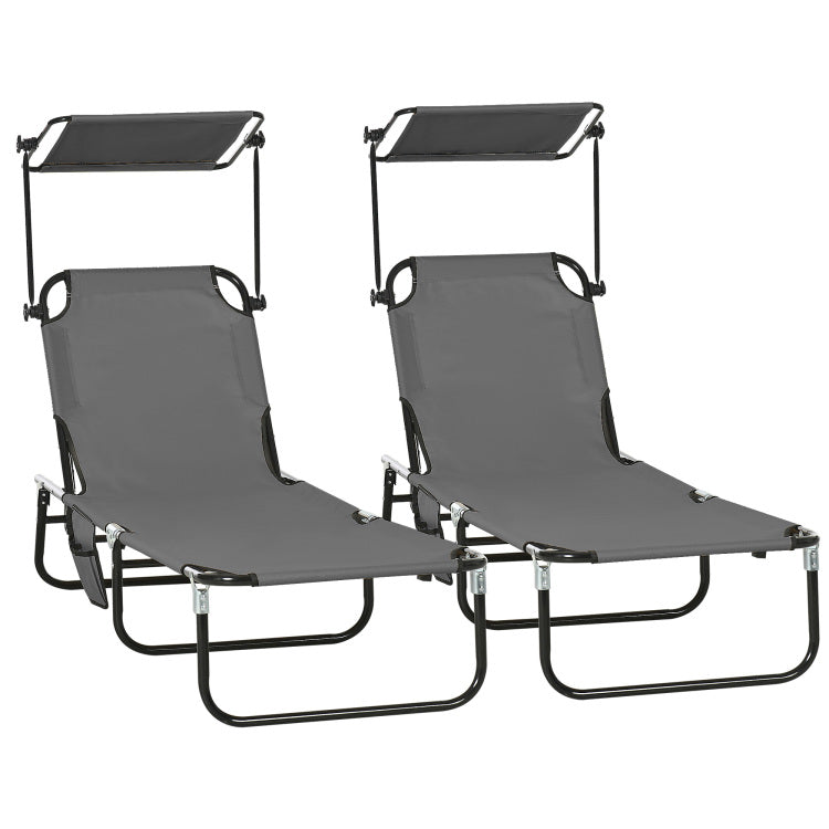 Outsunny Folding Chaise Lounge Pool Chairs, Outdoor Sun Tanning Chairs With Canopy Shade, Reclining Back, Steel Frame And Side Pocket For Beach, Yard, Patio, Dark Gray