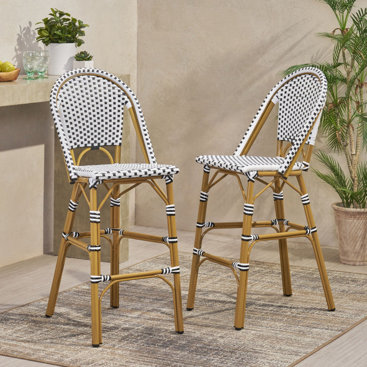 29.5" Outdoor Pe Rattan French Barstool, White And Black, Aluminum Frame With Bamboo Finish Set Of 2