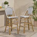 29.5" Outdoor Pe Rattan French Barstool, White And Black, Aluminum Frame With Bamboo Finish Set Of 2