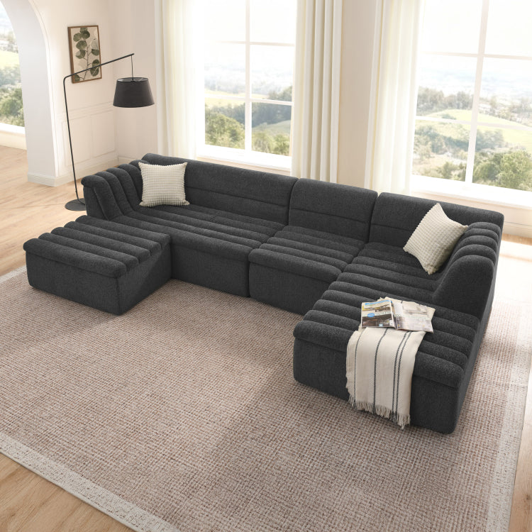 135" U Shaped Modular Sectional Sofa With Chaise And Movable Ottoman For Living Room, Chenille Upholstered Boneless Couches With Wave Shaped Armrest, No Pillows Included