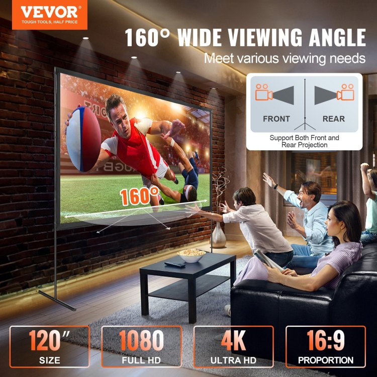Projector Screen With Stand, 120 Inch 16:9 4K 1080 Hd Outdoor Movie Screen With Stand, Wrinkle Free Projection Screen With Bar Feet And Carry Bag, For Home Theater Cinema Backyard Movie Night
