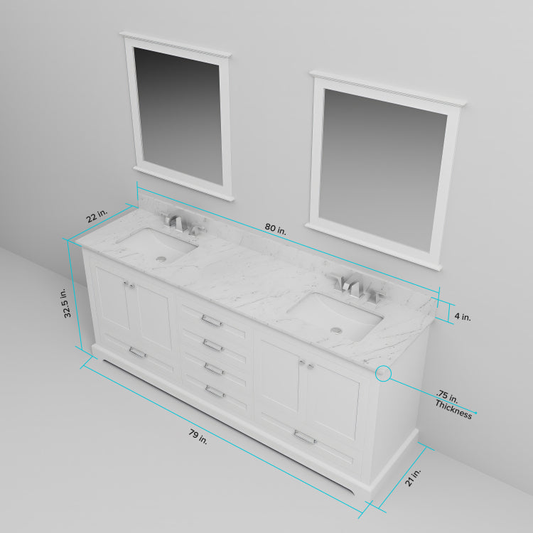 White Double Bath Vanity 80 In. W X 22 In. D, With Carrara Marble Top