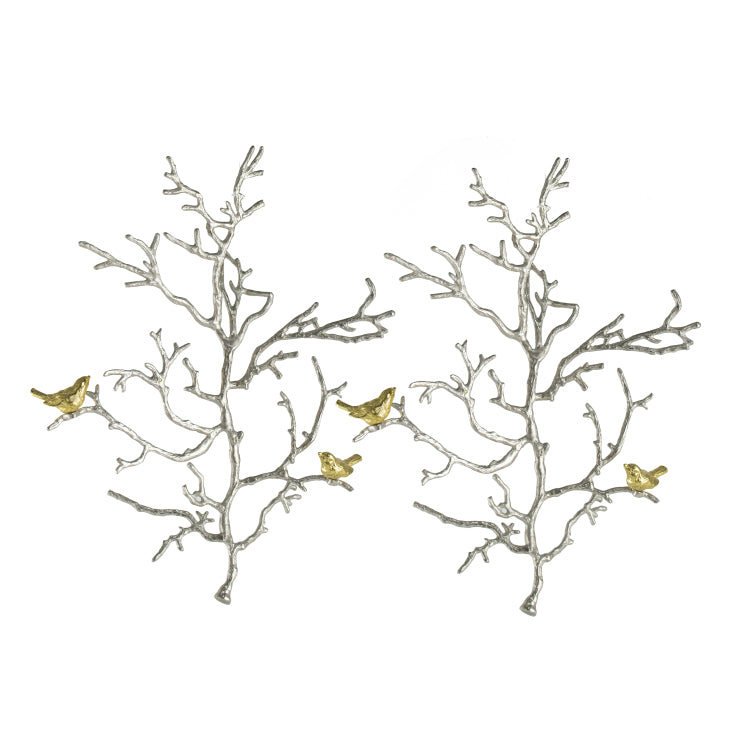 17X5.5X22" Metal Branch Wall Sculptures With Bird Accents, Set Of 2
