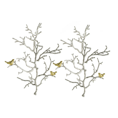 17X5.5X22" Metal Branch Wall Sculptures With Bird Accents, Set Of 2