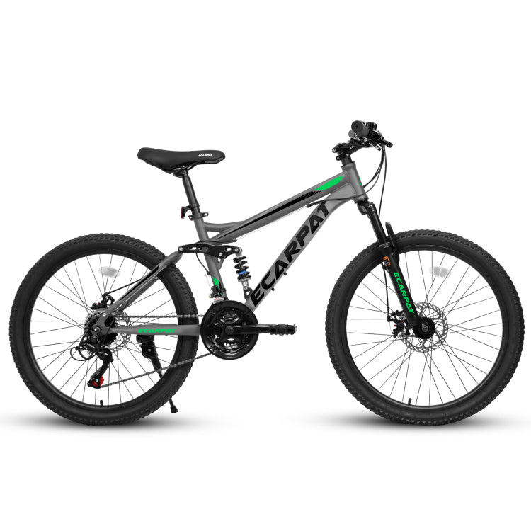 A2460 24 Inch Mountain Bike With Full Suspension, 21 Speed Shifter Lever With Gear Indicator, High Carbon Steel Frame, Mechanical Disc Brakes, Unisex For Men Women Adults, Ideal For Trails