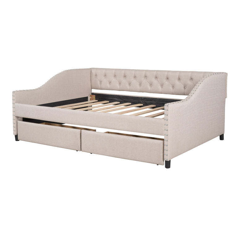 Upholstered Daybed With Two Drawers, Wood Slat Support, Beige, Full Size Old Sku :Lp001111Aaa