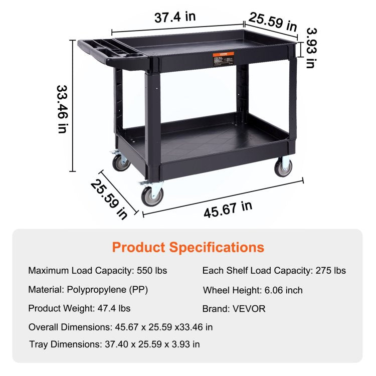 Utility Service Cart, 2 Shelf 550Lbs Heavy Duty Plastic Rolling Utility Cart With 360 Swivel Wheels 2 With Brakes , Large Lipped Shelf, Ergonomic Storage Handle For Warehouse Garage Cleaning