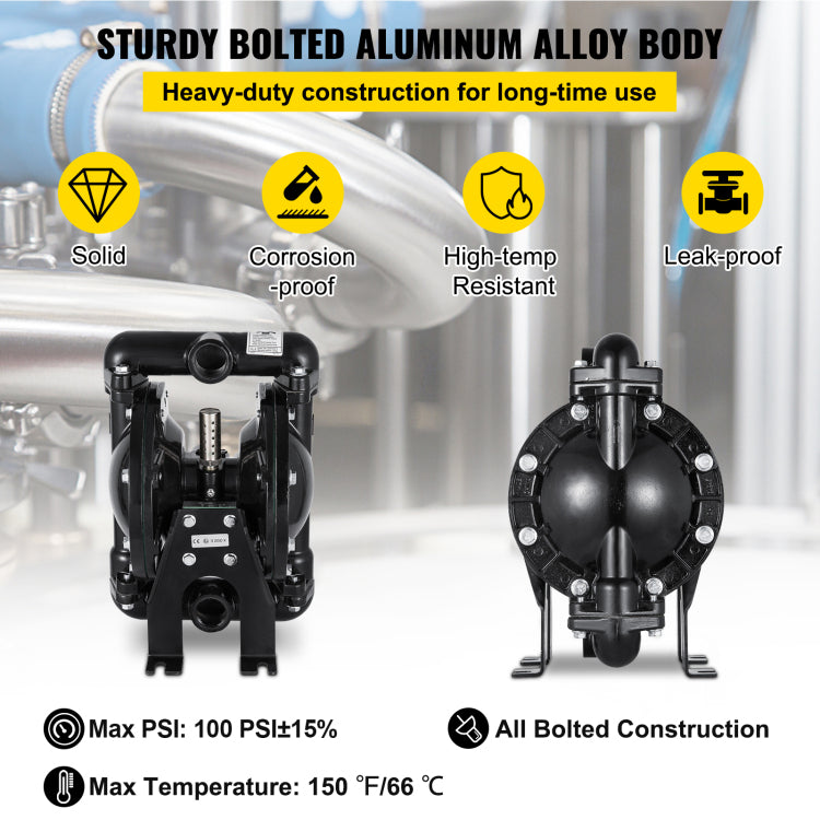 Air Operated Double Diaphragm Pump 1 Inch Inlet Outlet Aluminum 35 Gpm Max 120Psi For Industrial Use, Qby4 25Lf46 1Inch 35
