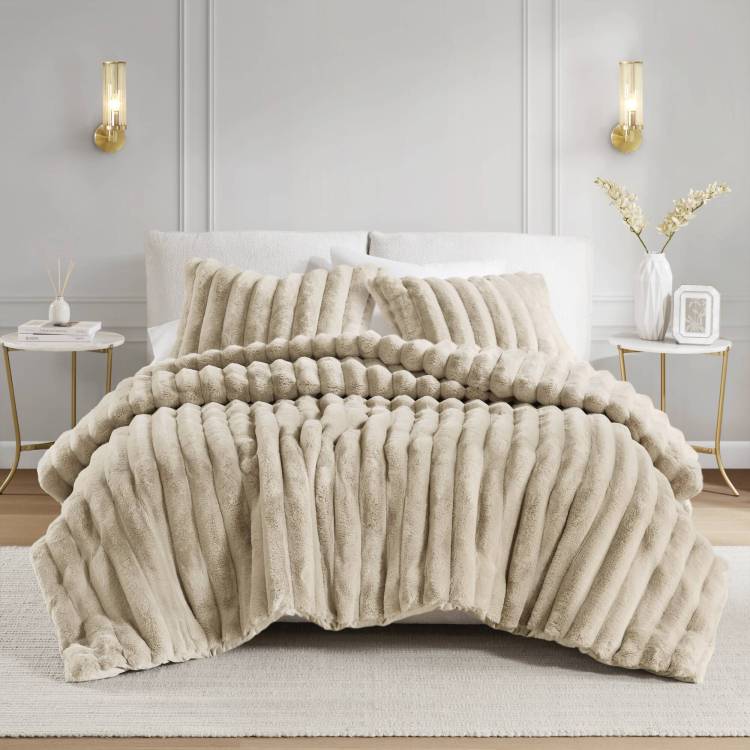 3 Pcs King Soft Faux Fur Ribbed Comforter Set Taupe