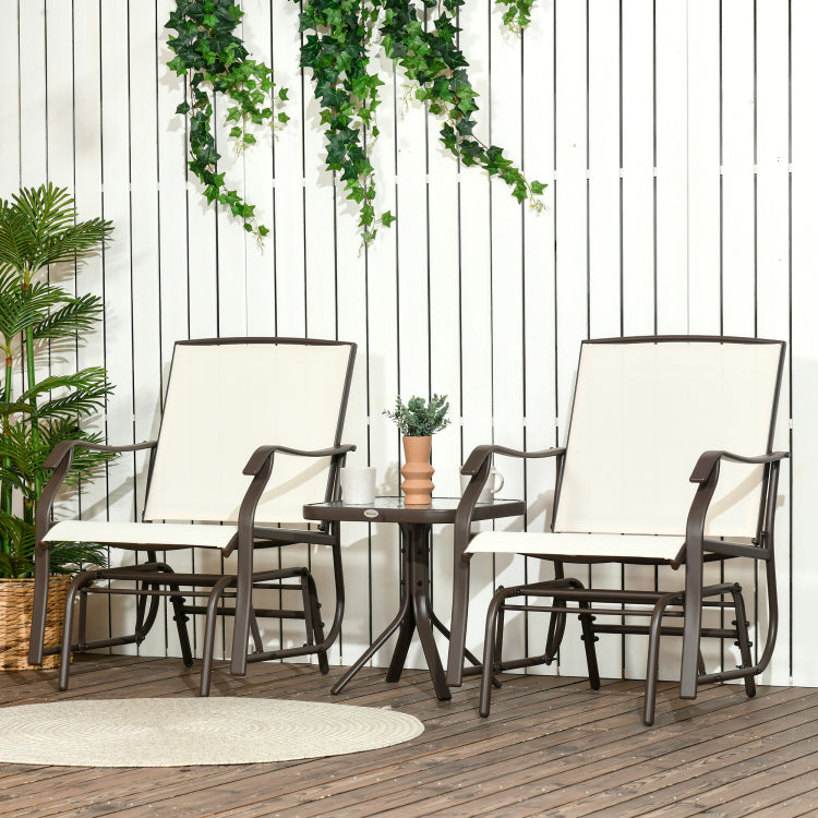 Outsunny 3 Piece Outdoor Glider Chair With Coffee Table Bistro Set, 2 Patio Rocking Swing Chairs With Sling Fabric, Glass Tabletop, For Backyard, Garden And Porch, Cream White