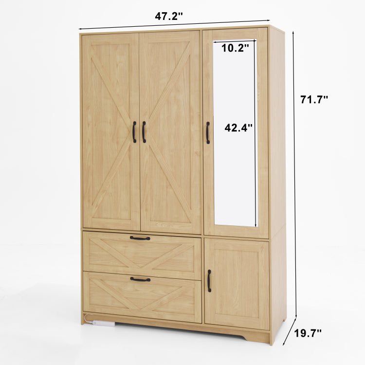 4 Doors Wardrobe Closet With Mirror, Led Wardrobe With Doors And 2 Drawers, Wooden Wardrobe Storage Cabinet With Hanging Rod, Adjustable Shelves, Natural