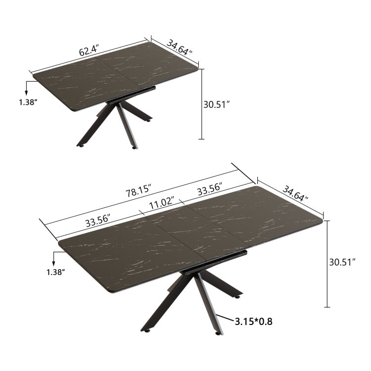62.4" Extendable 78.15" Dining Table Set For 6 8 Person For Dining Room,C Shaped Tube Soft Padded Armless Dining Chair And Very Large Dining Room Table Kitchen Table Chair Set With Metal Legs