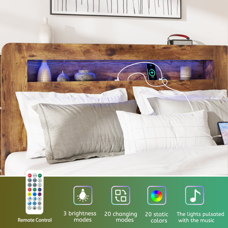 Bed Frame Queen Size, Wood Platform Bed Frame With Storage Led Light Headboard And 2 Usb , Noise Free,No Box Spring Needed And Easy Assembly Tool,Large Under Bed Storage,Dark Brown