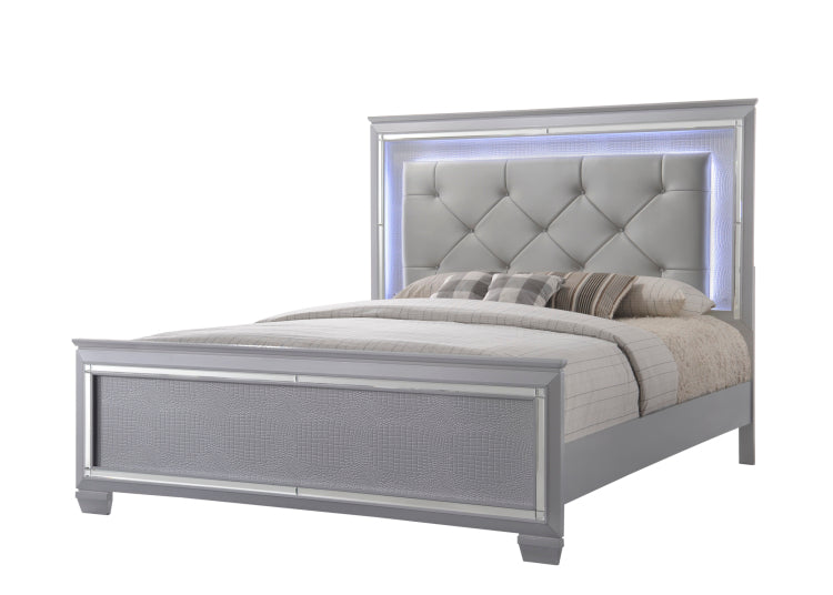 1Pc Modern Queen Led Faux Leather Upholstery Panel Bed Beveled Mirror Accents Textured Footboard Silver Beige Finish