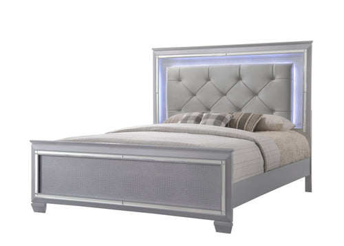 1Pc Modern Queen Led Faux Leather Upholstery Panel Bed Beveled Mirror Accents Textured Footboard Silver Beige Finish