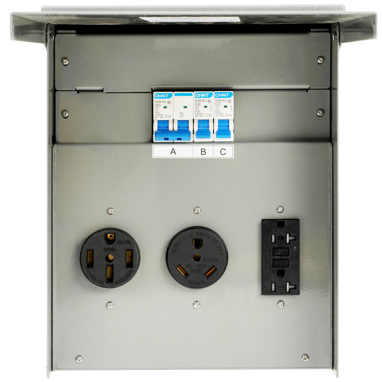 Temporary Power Outlet Panel, 125 250V, Rv Power Outlet Box With A 20 30 50 Amp Receptacle Installed, Nema 14 50R Nema Tt 30R 15A Gfci For Rv Camper Trailer Motorhome, Tested To Ul Standards