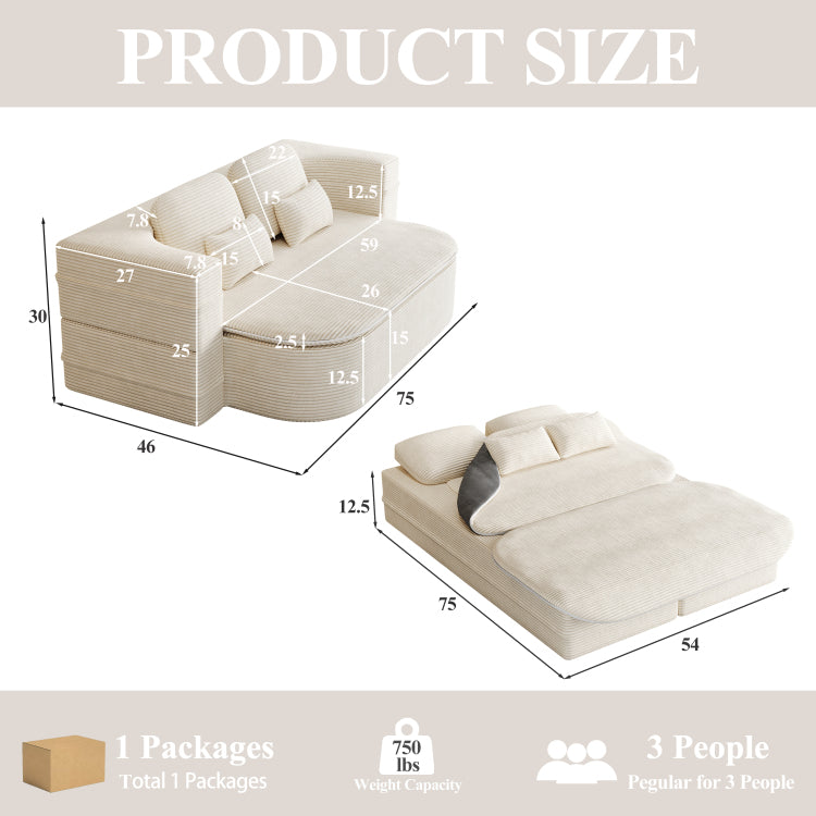 75''2 In 1 Foldable Sofa,Convertible Sleeper Foam Sofa Bed With Multi Functional Blanket, Corduroy Floor Folding Sofa Bed, Floor Sofa Lounge Sofa For Living Room Bedroom Lounge Studio