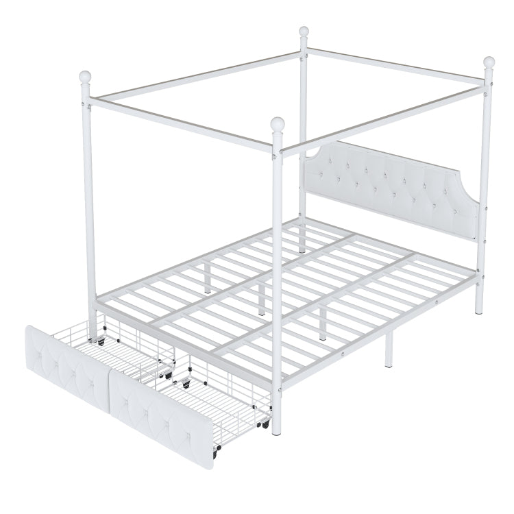 Queen Size Metal Canopy Platform Bed With Upholstered Headboard And Two Storage Drawers, White