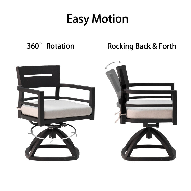 7 Piece Outdoor Patio Aluminum Furniture, Modern Dining Set, Including 4 Dining Chairs & 2 Swivel Rockers Sunbrella Fabric Cushioned And Rectangle Dining Table With Umbrella Hole, Ember Black