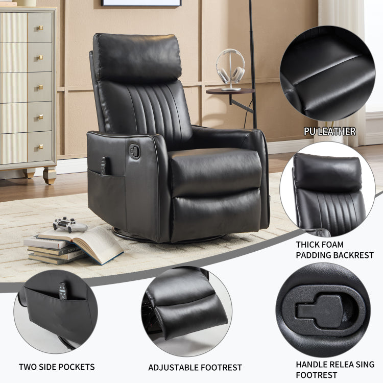 Black Faux Leather Heat Massage Manual Recliner Chair With Rocker And Swivel For Living Room