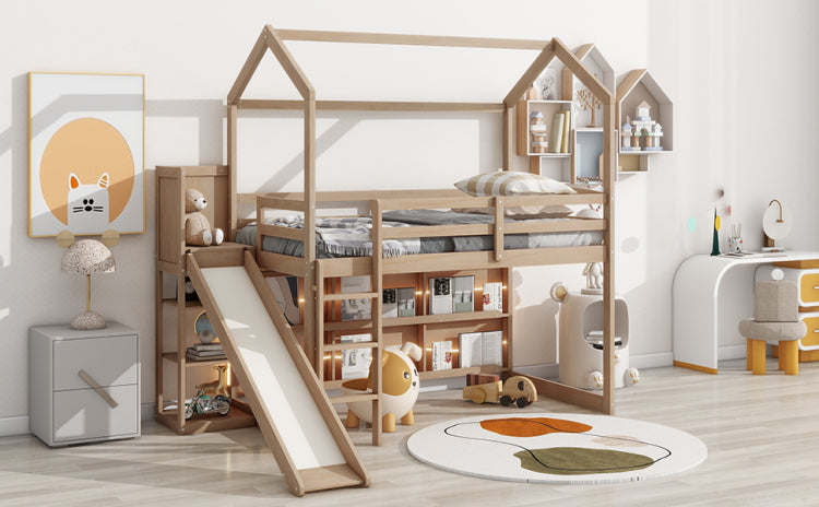 Twin Size Wood House Loft Bed With Slide, Storage Shelves And Light, Climbing Ramp, Wood Color