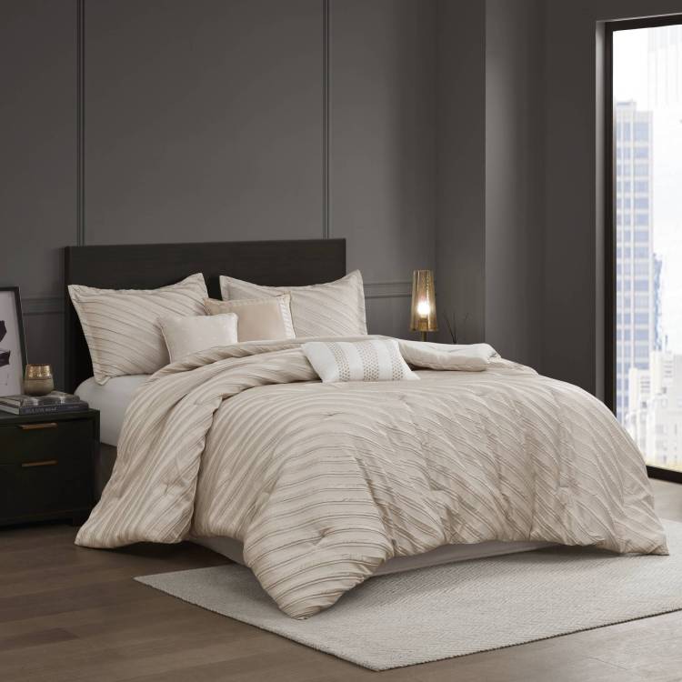 7 Pcs Queen Comforter Set Beige