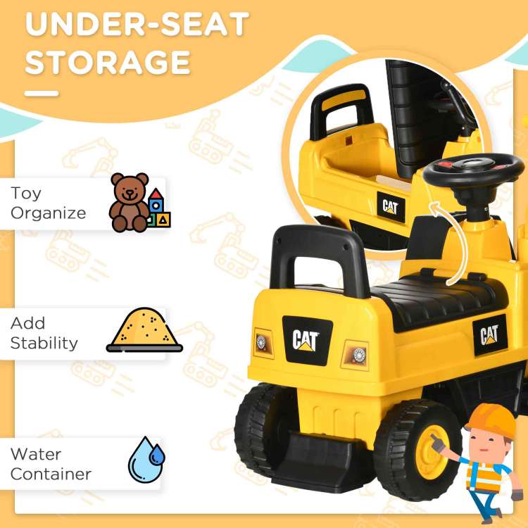 Aosom Excavator Ride On Toy, Cat Licensed Kids Manual Pedal Ride On Excavator With Manual Shovel, Horn, Hidden Storage For 18 36 Months Boys And Girls, Yellow