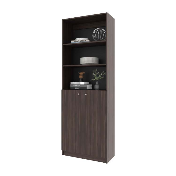 Stained Walnut Bookcase With Open Storage And 2 Doors