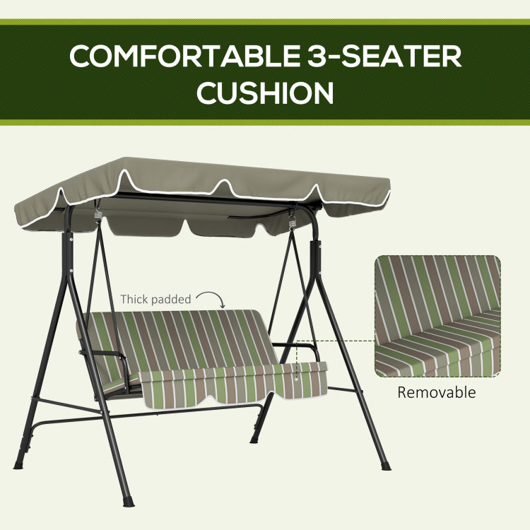 Outsunny 3 Seat Outdoor Patio Swing Chair With Removable Cushion, Steel Frame Stand And Adjustable Tilt Canopy For Patio, Garden, Poolside, Balcony, Backyard, Beige & Green
