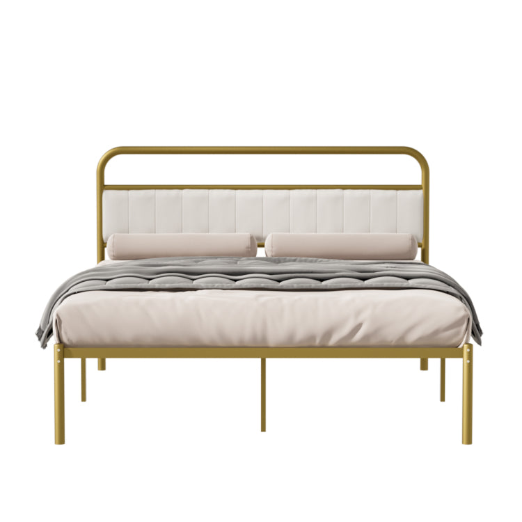 Queen Size Metal Steel Platform Bed Frame With Durable Upholstered Headboard Cushion Iron & Wood Adjustable For Hotels Villas