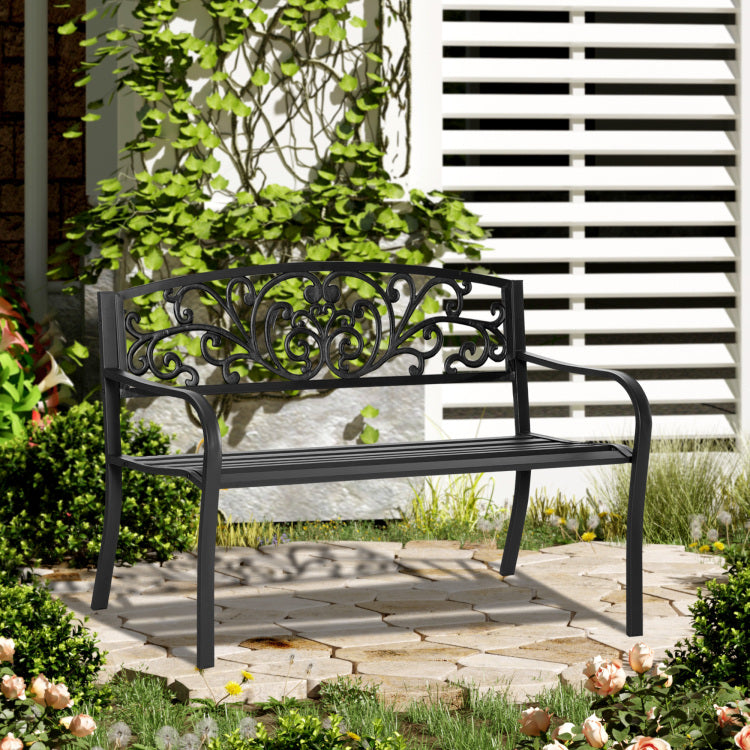 Outsunny 50" Outdoor Bench, Metal Garden Bench With Floral Pattern Backrest, Porch Bench With Slatted Seat For Park, Yard, Lawn, Black