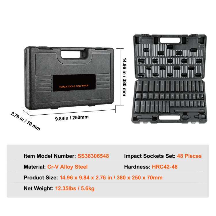 3 8 Inch Drive Impact Set, 48 Piece Socket Set Sae 5 16" 3 4" And Metric 8 22Mm 6 Point Cr V Drive Extension Bar Universal Joint & Drill Adapter, With Storage Case