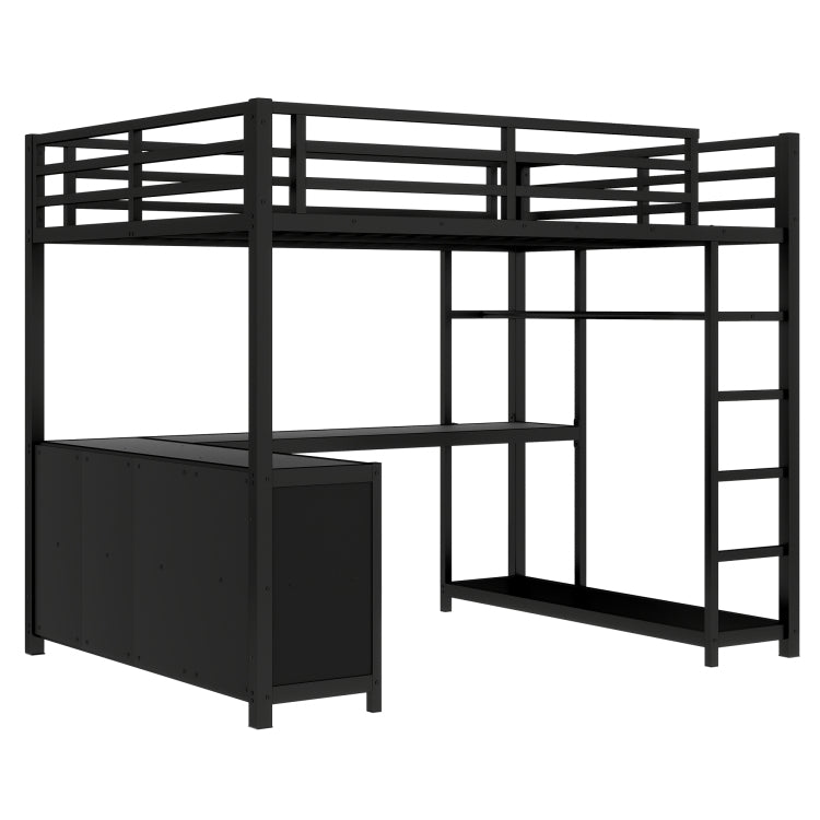 Metal Loft Bed With Wardrobe And L Shaped Desk, Full Size Loft Bed With Storage Cubes And Shelves, Loft Bed For Kids Teens Adults, Black