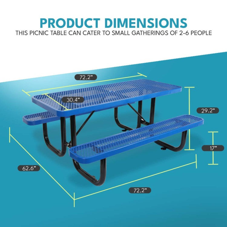 6 Ft. Rectangular Outdoor Steel Picnic Table With Umbrella Pole In Blue