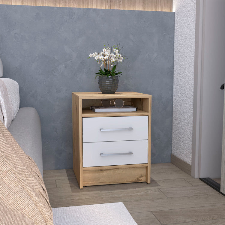 Nightstand 20"H, Two Drawers, Superior Top, Metal Handles, White Light Oak