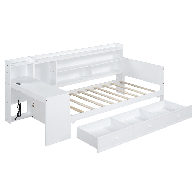 Twin Size Wooden Daybed With 3 Drawers, Usb Ports And Desk , White