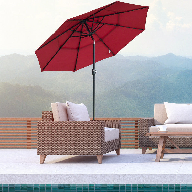 Outsunny 9Ft 3 Tiers Patio Umbrella Outdoor Market Umbrella With Crank, Push Button Tilt For Deck, Backyard And Lawn, Wine Red