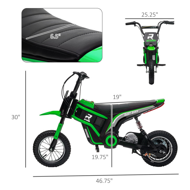 Aosom Electric Dirt Bike With Twist Grip Throttle, 24V 350W Off Road Electric Motorcycle, Up To 15 Mph With Brake, Music Horn, Rear Suspension For Ages 13 Years, Green